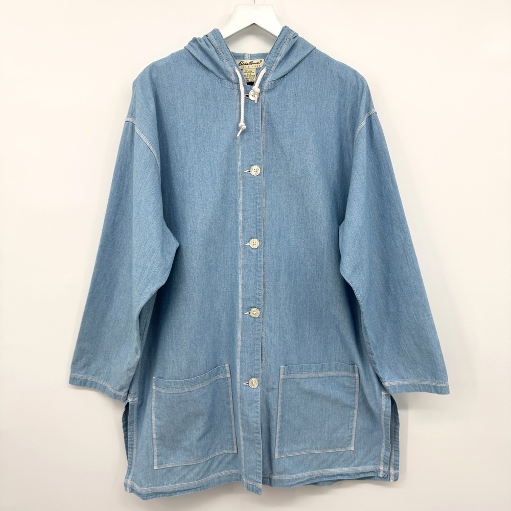 Vintage Eddie Bauer Denim Jacket Women Large Hooded Lightweight Chore Ranch Barn